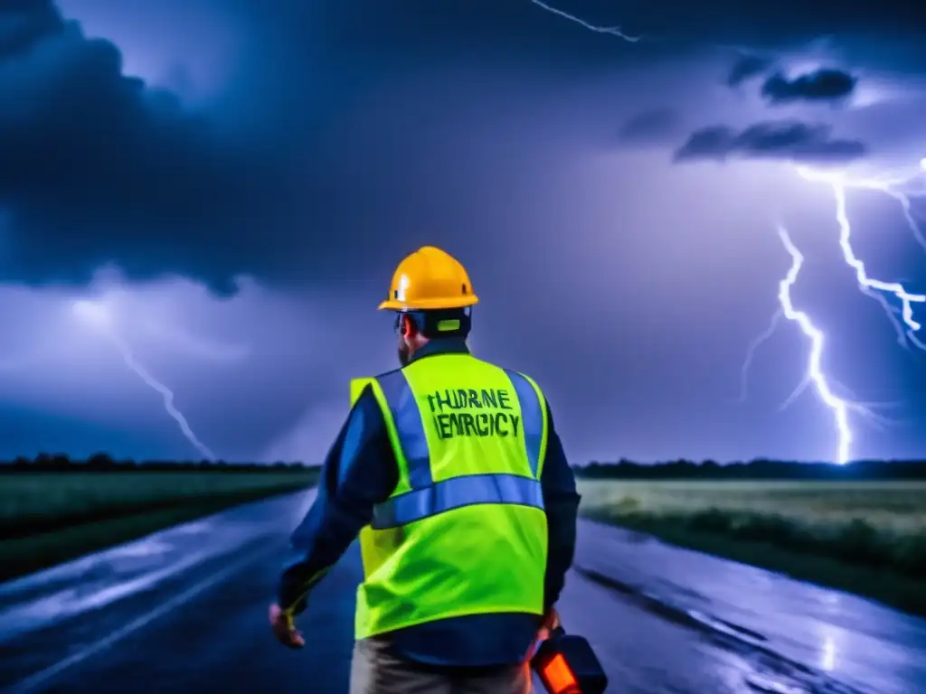 Amidst the fiery winds and electric sparks, a lone figure stands calmly outside during a hurricane