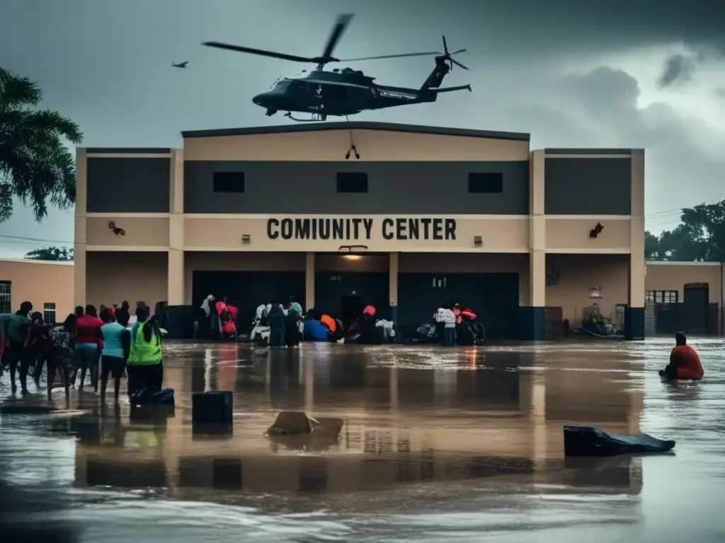 Amidst flooded streets and debris, a community center stands tall, welcoming those seeking refuge