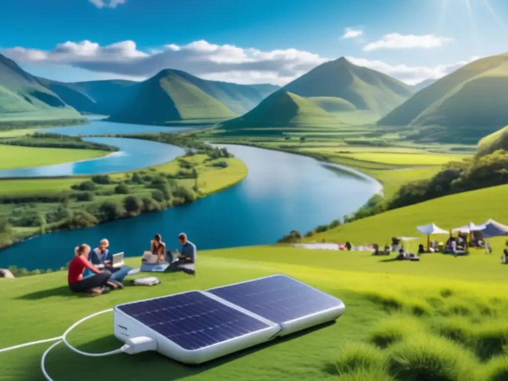 A serene green field under a vibrant blue sky, a solarpowered river in the distance