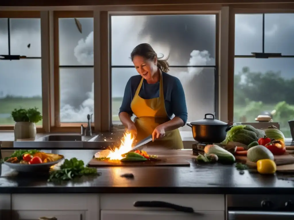 A woman in a helmet and apron cooks a hearty meal on a woodburning stove amidst the chaos of a hurricane