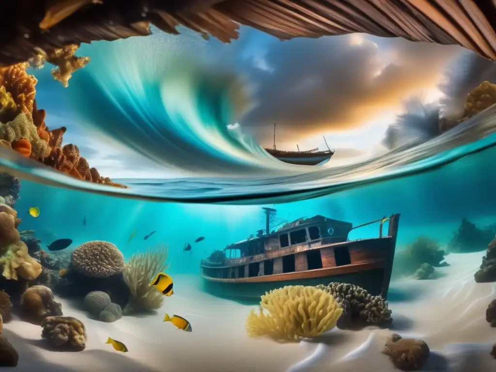 A powerful hurricane rages through a vibrant coral reef, sending waves and sediment flying