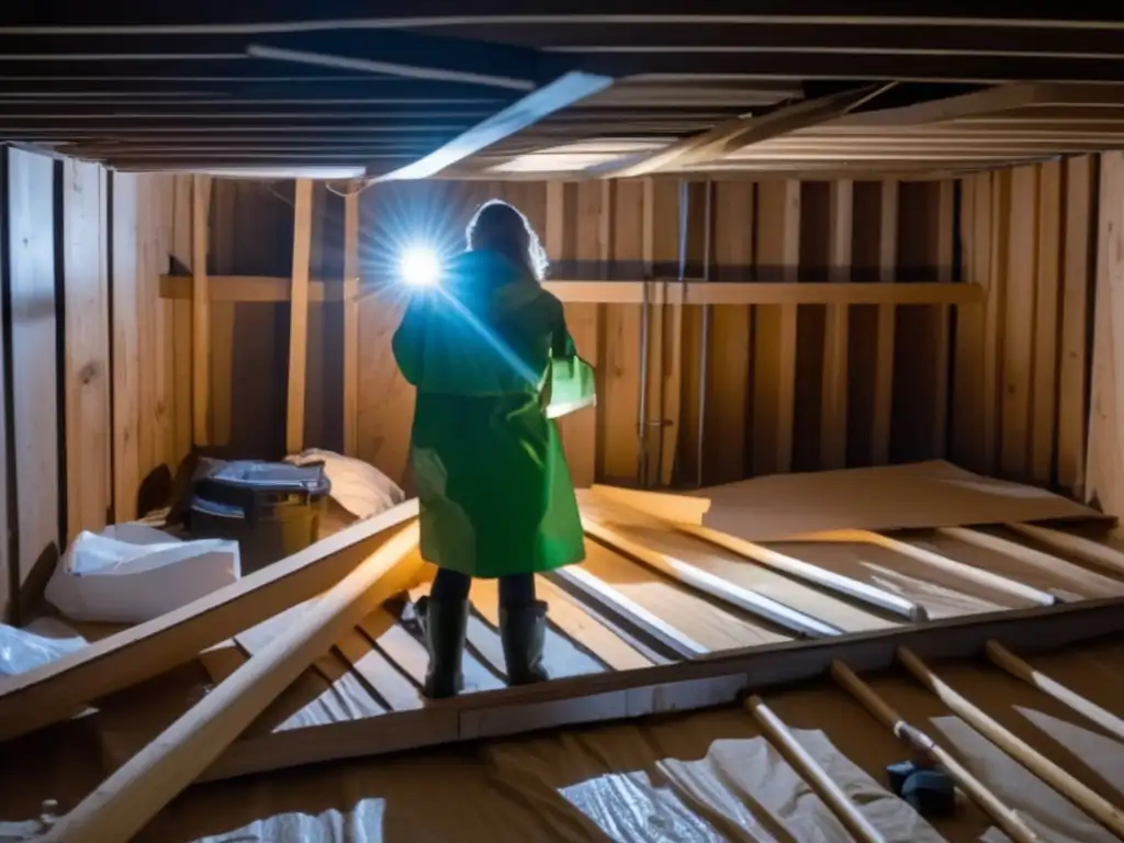 A woman dons rubber boots and raincoat, ready to brave basement crawlspace during hurricane