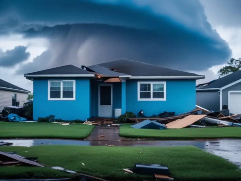 Devastation reigns in this home's aftermath of the hurricane, with debris scatters and a roof torn apart, showcasing the impact of nature's wrath