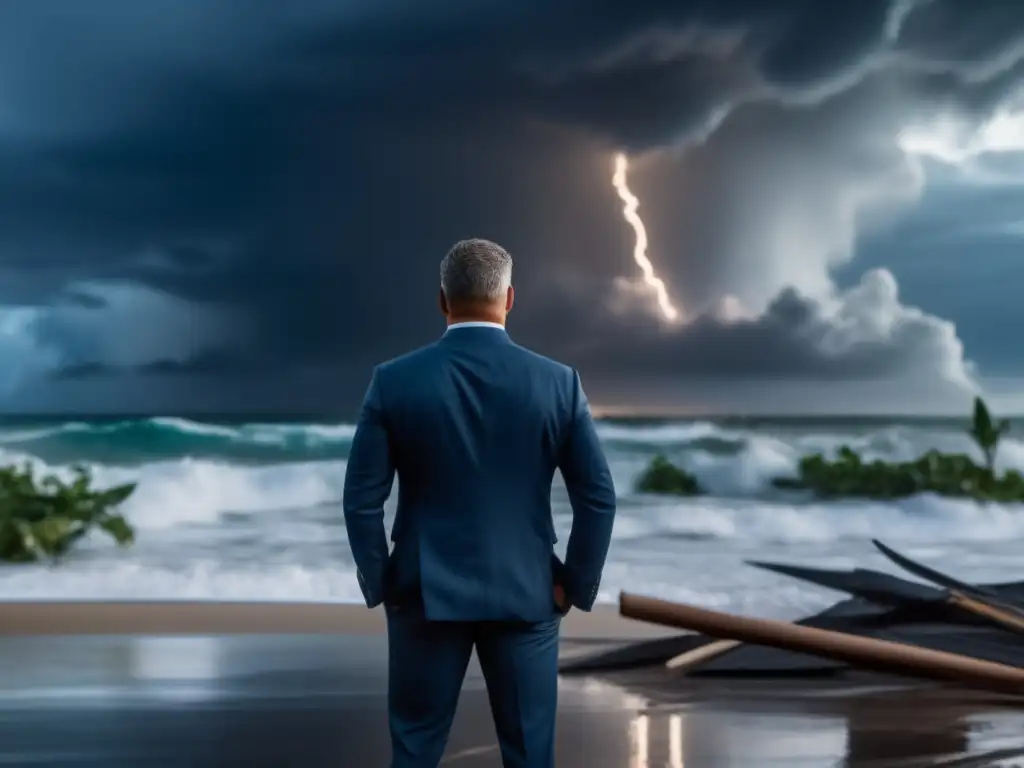 A business owner, poised and contemplative, surveys the remnants of their enterprise amidst the tempestuous aftermath of a hurricane