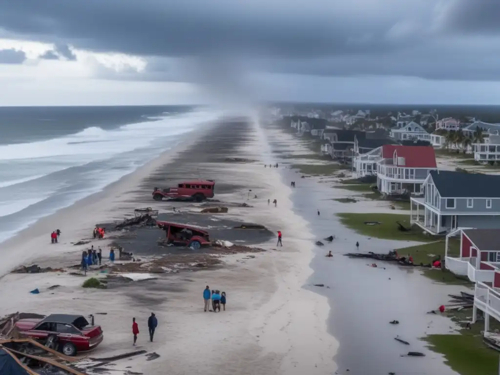 A tragic aerial view of a ravaged beach town, with waves crashing in the background and hurricane-damaged debris scattered across the streets