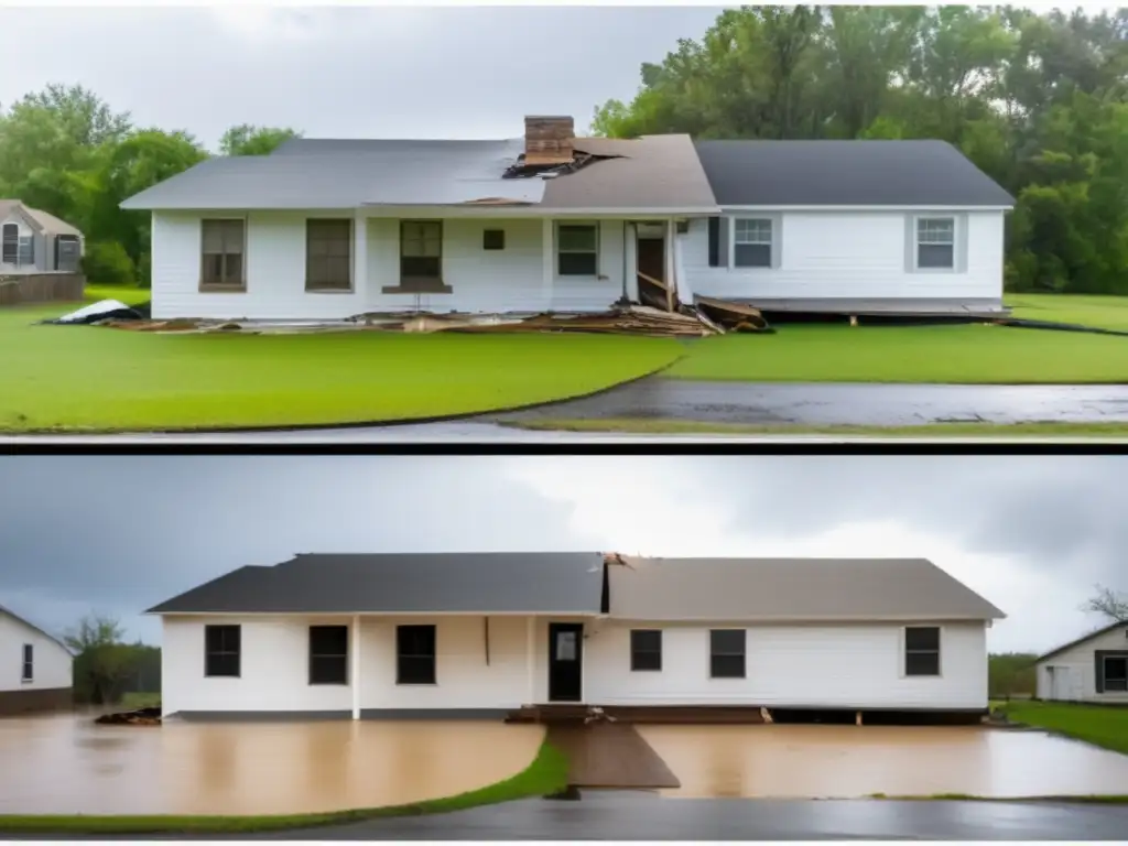 A before and after image of a hurricanedamaged house, showing the devastating power of nature