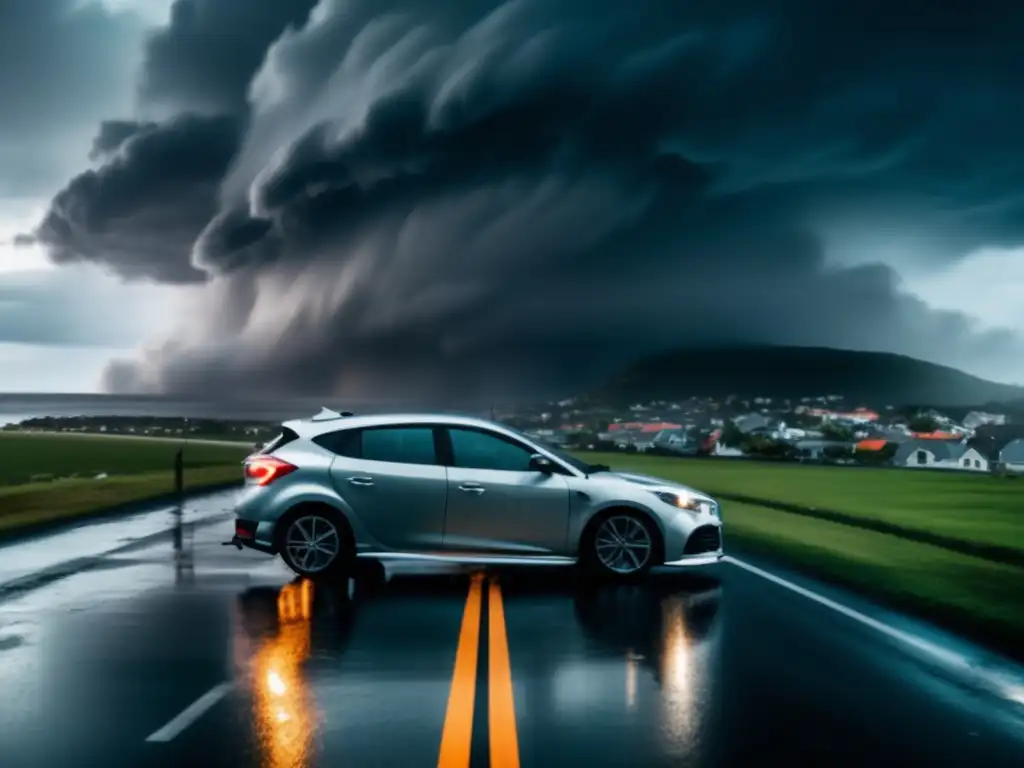 A hurricane tears through a coastal town, wrecking cars and causing chaos on the streets