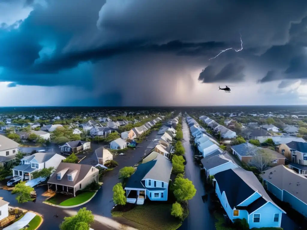 The post-hurricane cityscape lies in ruins, its skyline hidden behind dark, stormy clouds