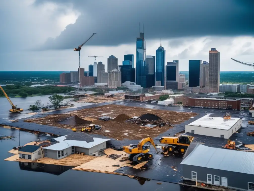 Amidst the ruins of a city affected by a hurricane, a crane stands tall and ready to lift a damaged roof off a building