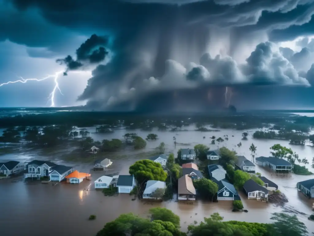 A terrifying aerial view of a hurricane tearing through a coastal town, with buildings and trees significantly damaged