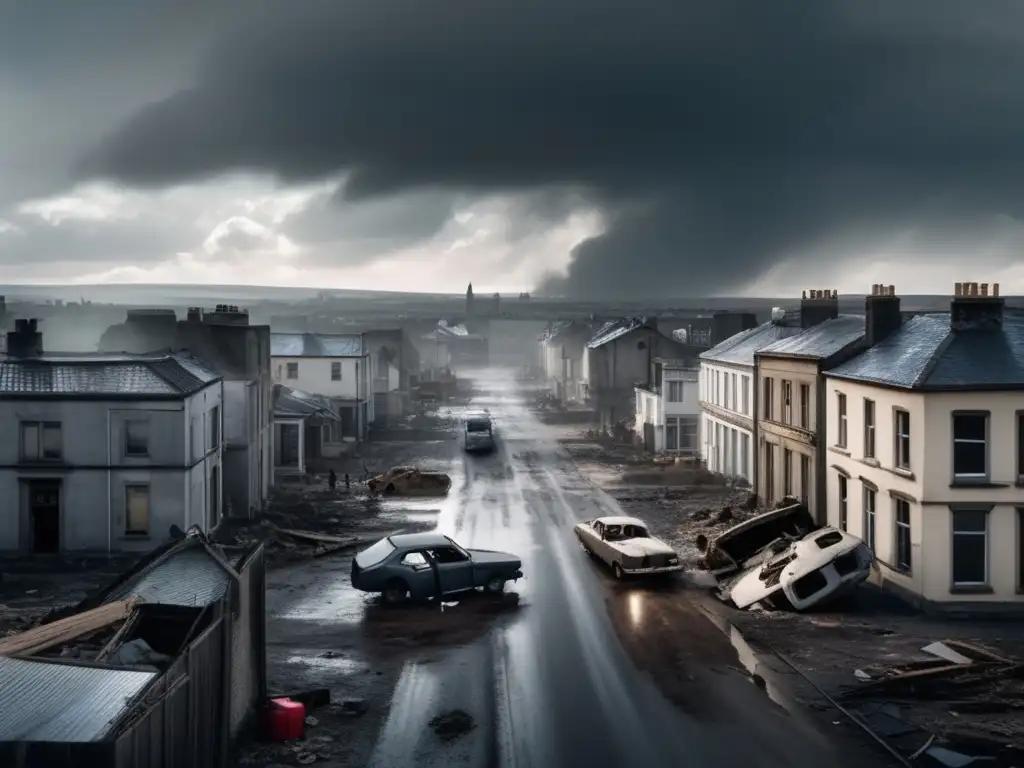 A somber overhead shot of a hurricane-ravaged town, filled with wreckage and despair