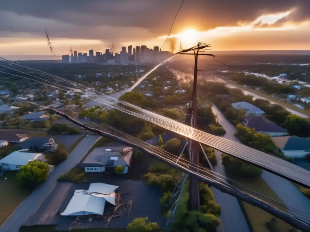 Devastation reigns in the heart of this city, with fallen trees and snapped powerlines strewn across the foreground