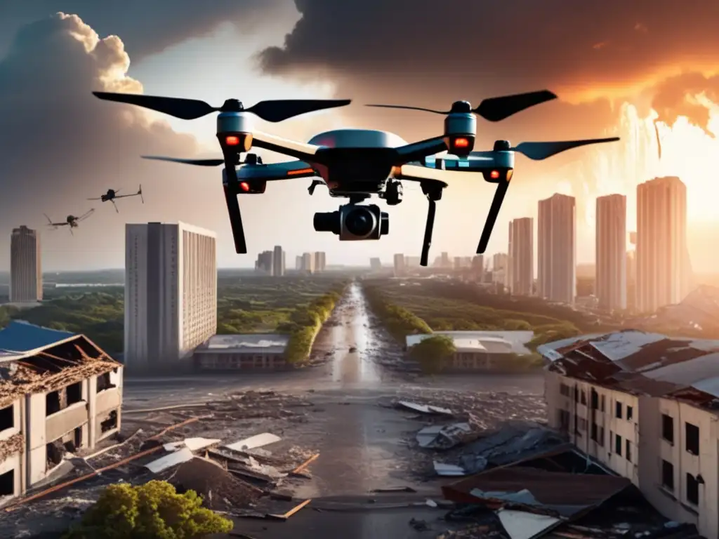 Drone captures the aftermath of a hurricane, flying low over damaged buildings and infrastructure, with the landscape in the distance