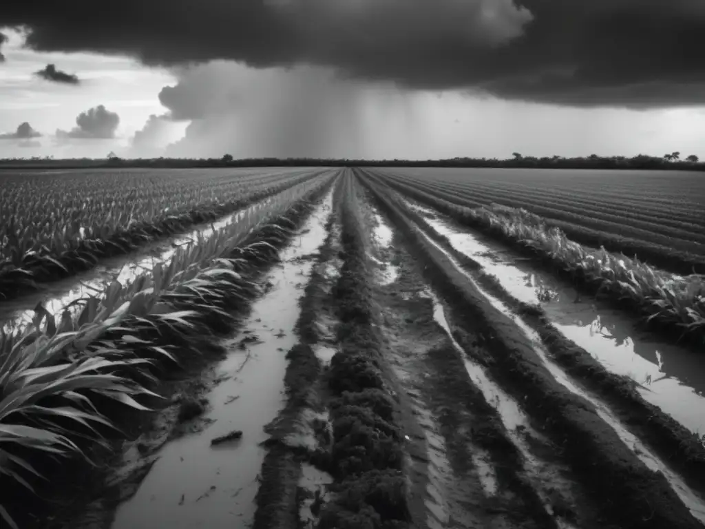 A cinematic black and white photograph captures the devastation of a hurricane on a field of crops