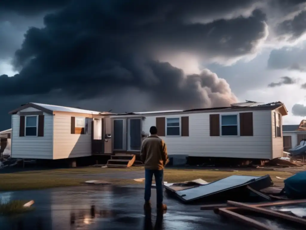 A person in a mobile home, surrounded by destruction after a category 5 hurricane hits