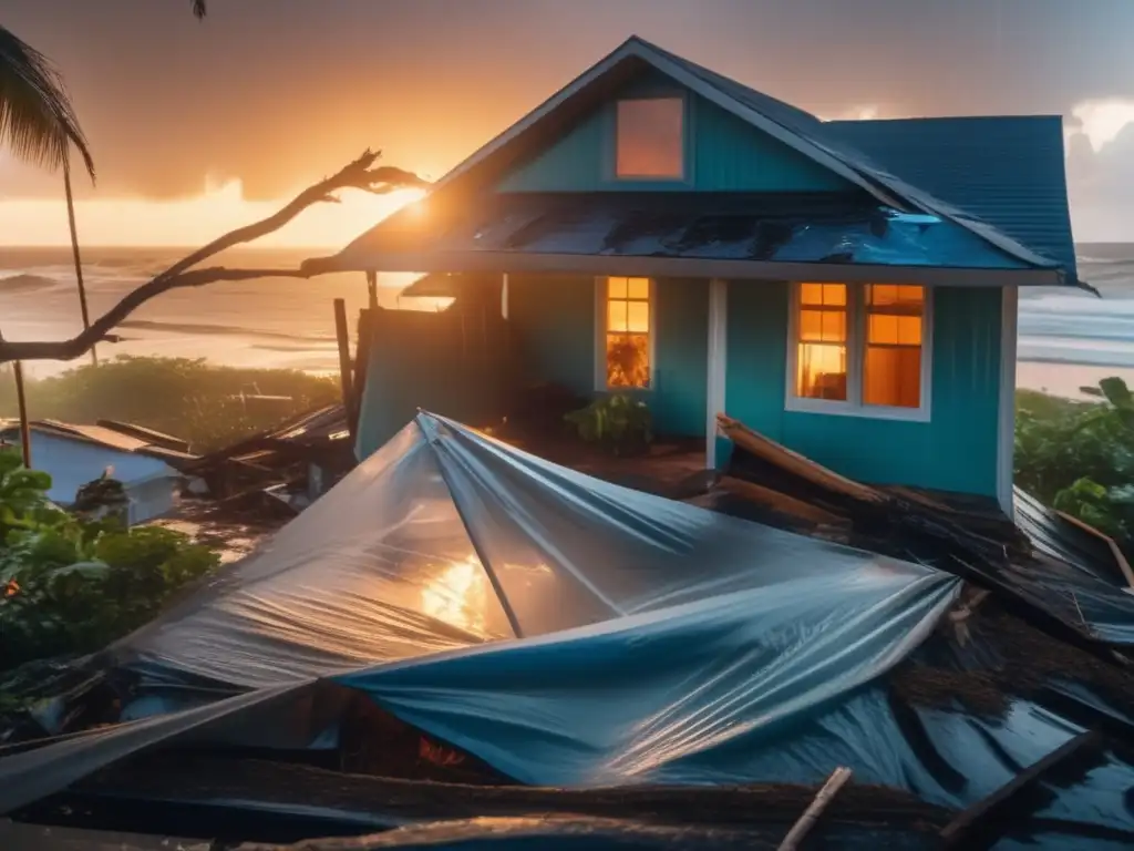 A chaotic yet serene image of a hurricane-ravaged town, with damaged buildings and fallen trees