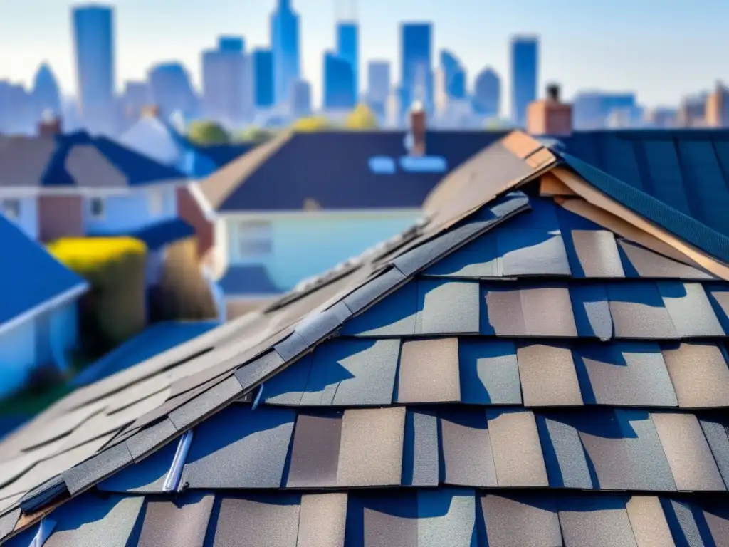 A worn, shingled rooftop of a residential home is captured in the distance, appearing weak and vulnerable