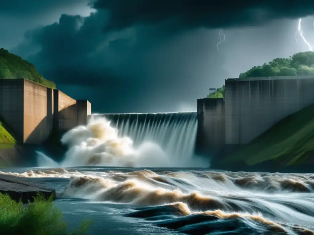 A cinematic image of a breaching dam during a hurricane, with water rushing through the cracks and splashing against the surrounding cliffs