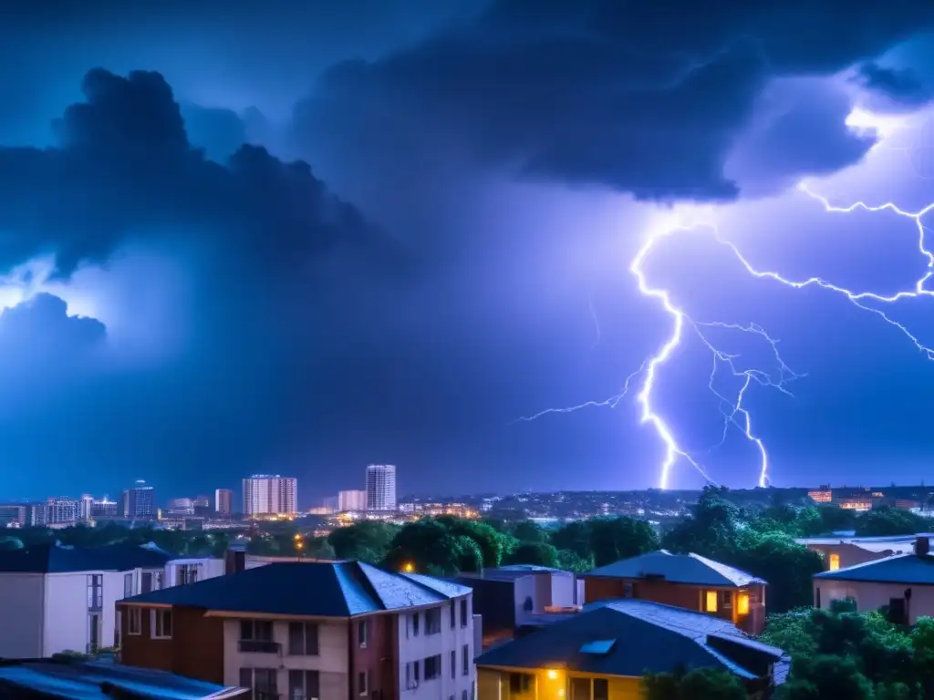 A tempestuous sky with flashing lightning and an approaching hurricane, obscuring the stars in the distance