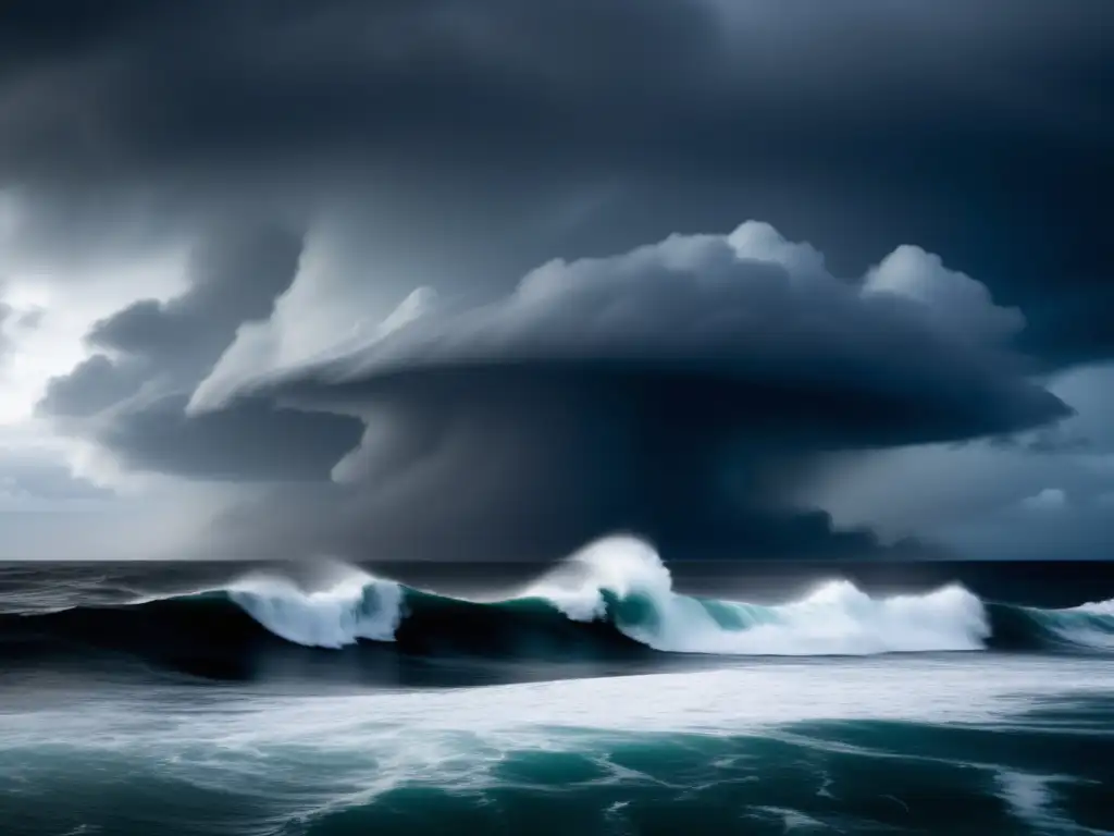 An ominous ocean storm, with foreboding clouds above and a massive hurricane swirling with intensity