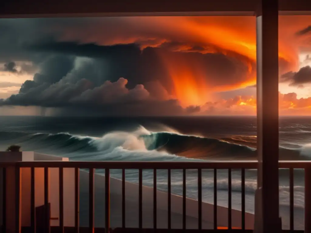 In the center of the image, a hurricane's eye can be seen, with its dark clouds forming a swirling vortex as it tears through the sky