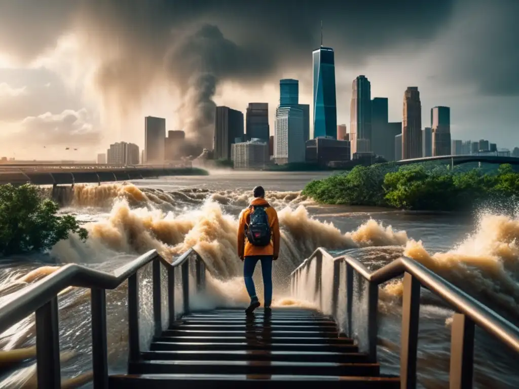 Distracted by the city skyline in the distance, a person remains focused on the twisted metal and debris scattered across the landscape