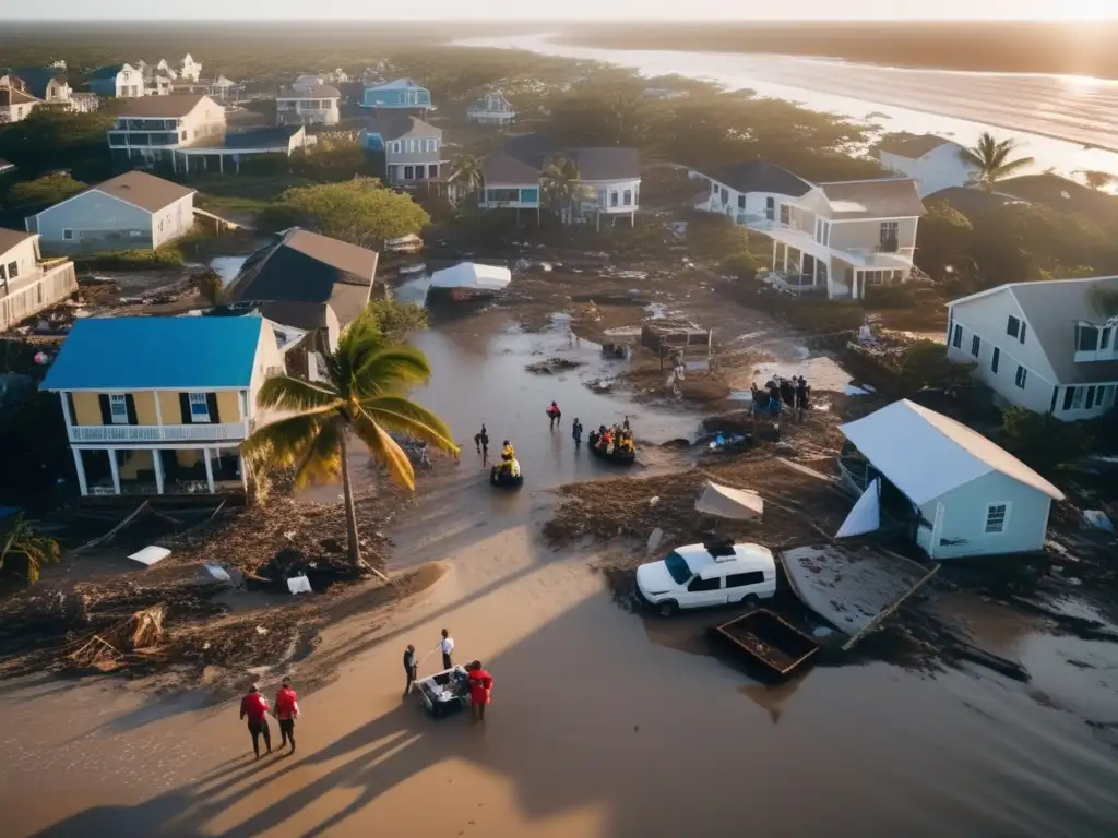 Devastated coastal town after a hurricane, volunteers from a charity organization clear debris and distribute supplies to affected residents