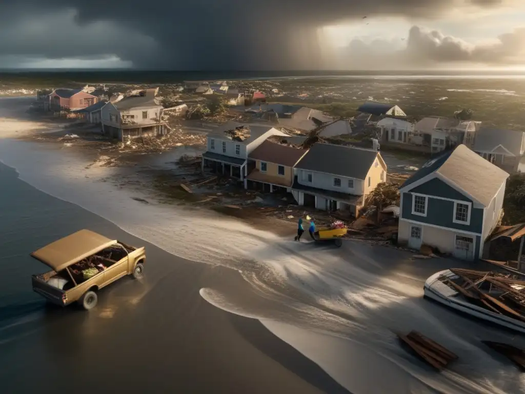 A haunting aerial shot of a ravaged coastal town, with debris-strewn streets, destroyed buildings, and an ominous sky