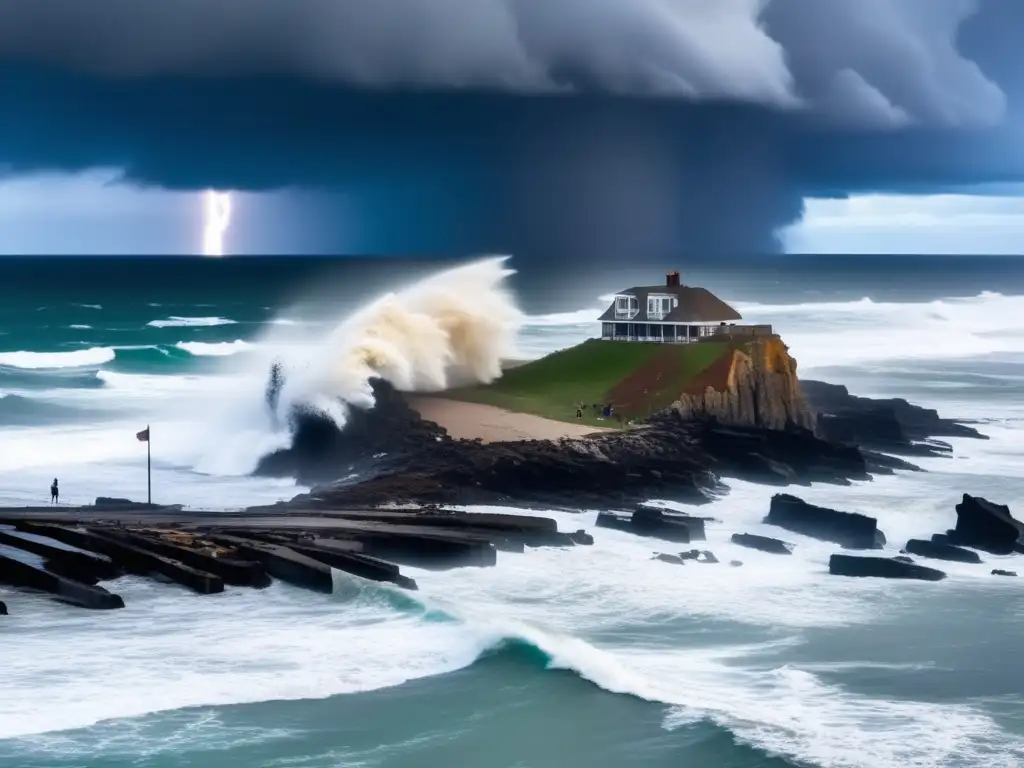 A breathtaking aerial shot of the chaotic shoreline, with mammoth waves dwarfing crashing rocks below