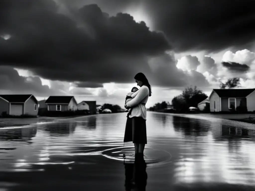 A poignant image captures a mother holding her newborn amidst a hurricane, the dwindling horizon reflected in the flooded street