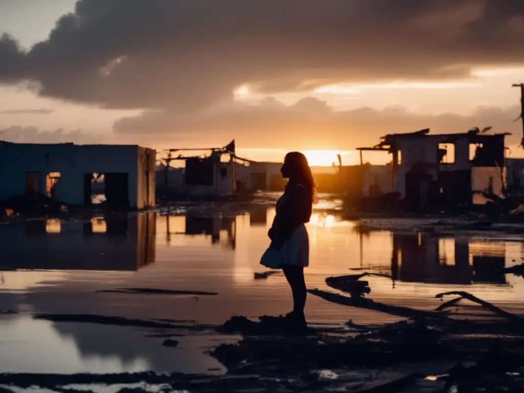 A somber person stands alone amidst destroyed buildings, as the calm water reflects the setting sun, casting long shadows