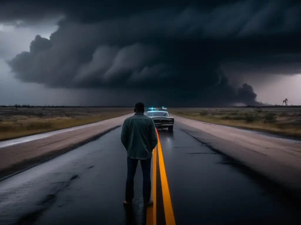 Desolate road, abandoned cars, person standing alone, lost, despairing, hopelessness