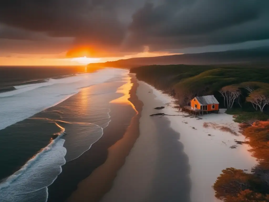 A haunting aerial view of a battered beach after a hurricane, with the sun setting over the desolate shore