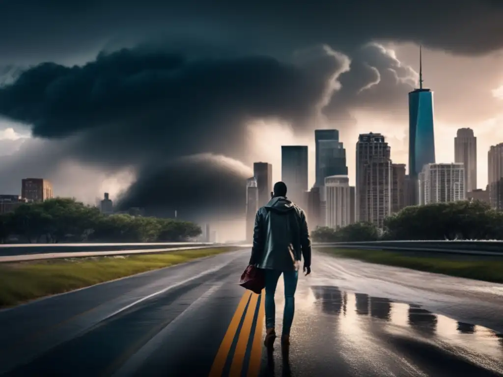 A person stands alone on a deserted street during a hurricane, waves crashing in the background and a city skyline in the distance