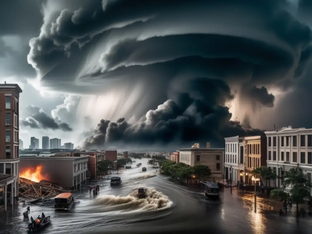 This haunting image captures the magnitude of a hurricane as it ravages a city skyline, leaving buildings crumbling and water pouring down the streets