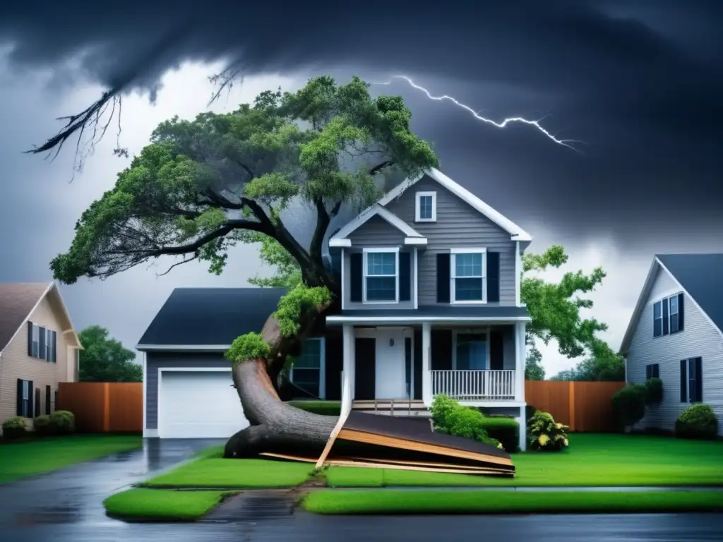 A devastating hurricane tears through a neighborhood, uprooting a large tree that lands on a house, showcasing the destructive power of such storms