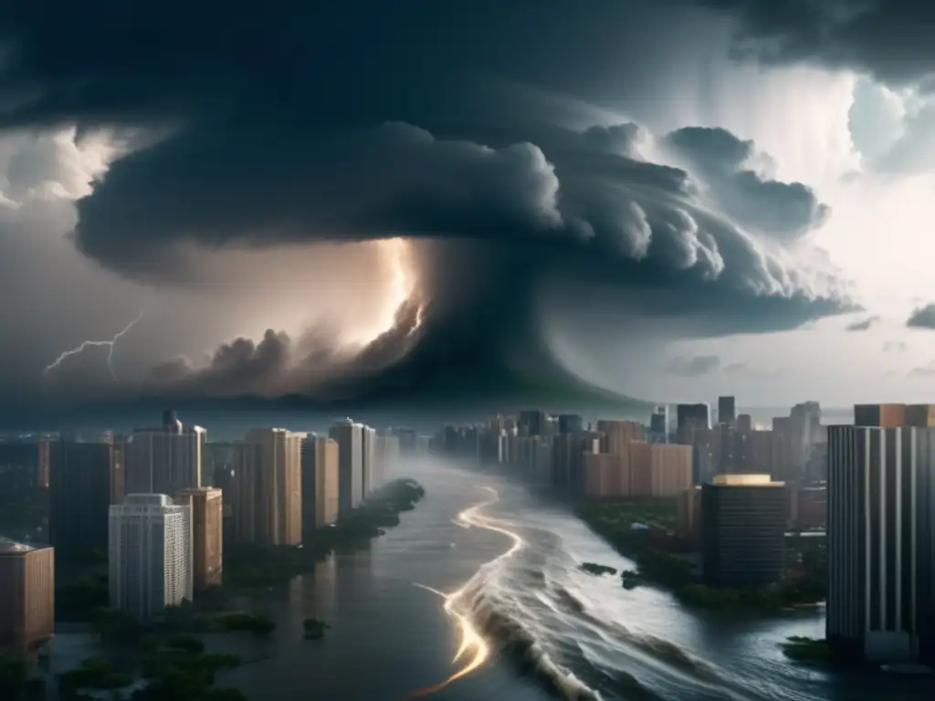 A devastating super hurricane tears through a city, leaving tall buildings swaying and streets flooded