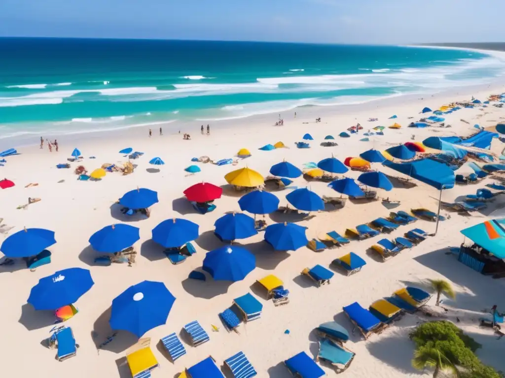 Devastating beach destroyed by hurricane waves, vivid blue skies, sun shining brightly