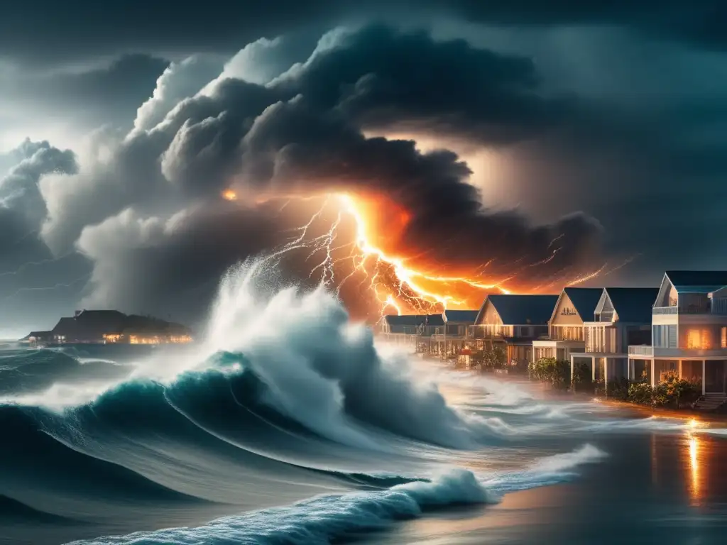 In the foreground, waves churn as lightning illuminates the sky, obscuring the view of the devastation caused by a hurricane