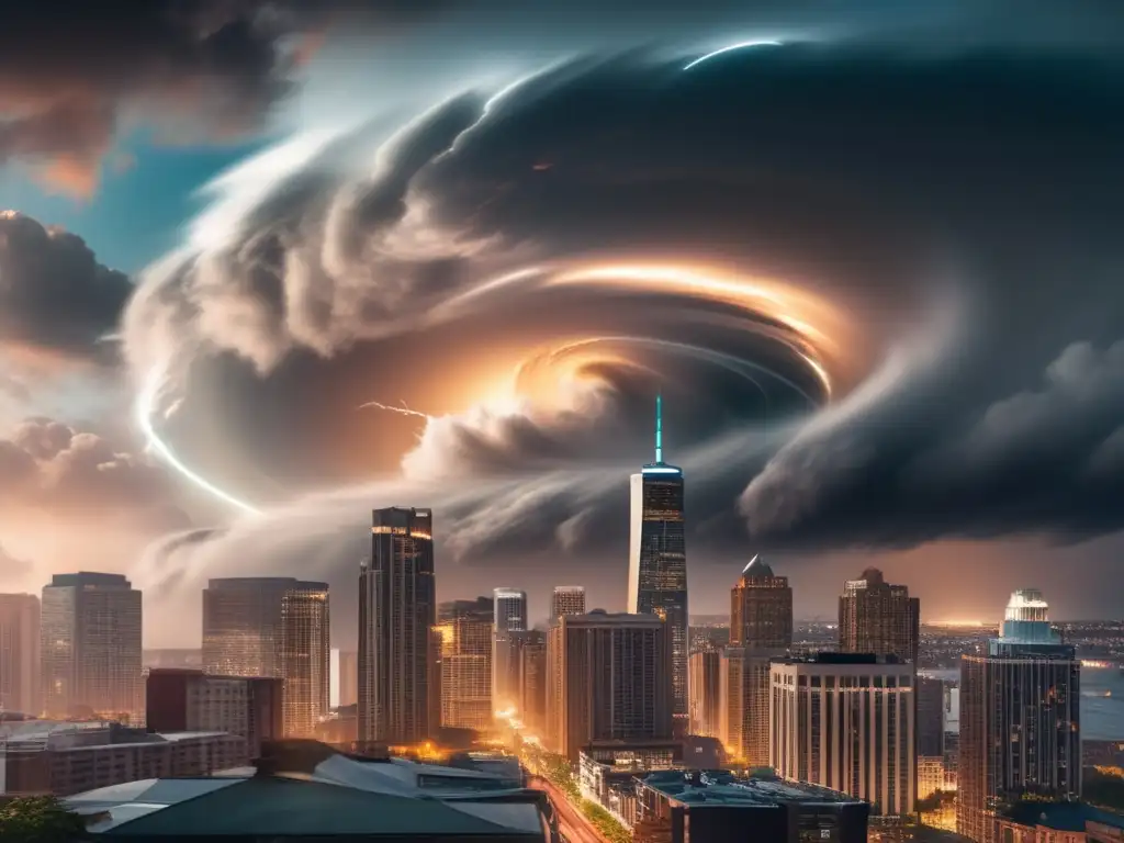 A hurricane's fury, visible even in cityscapes, looms over viewers with powerful winds lifting cars and swaying buildings in its wake