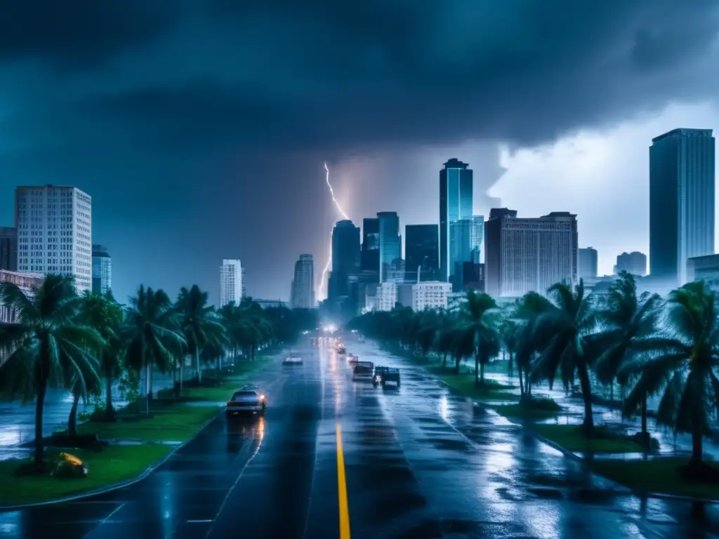 The hurricane's fury ravages the cityscape, leaving towering buildings in ruin and streets littered with fallen trees and debris