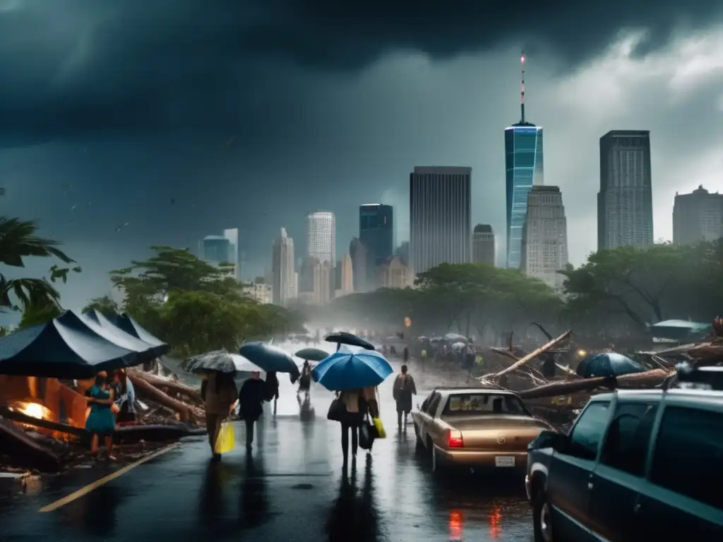 People rush through ruined streets under an ominous sky, carrying umbrellas and evacuation orders to safety