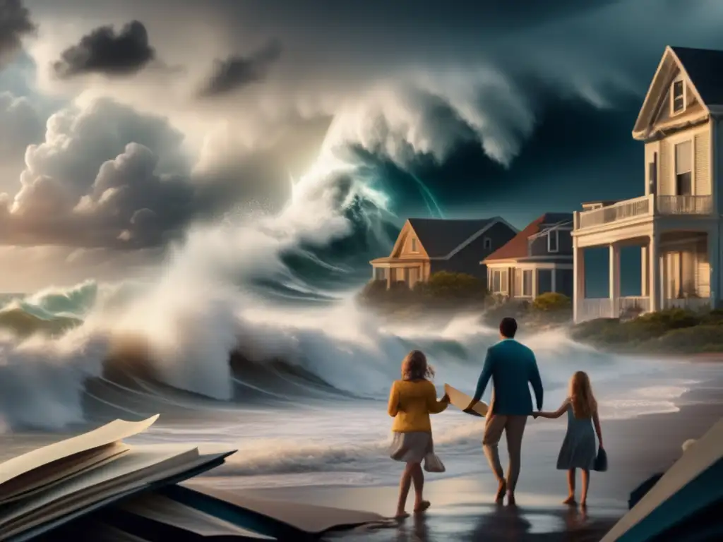 A dramatic, cinematic portrayal of a raging hurricane, with crashing waves and winds sweeping away buildings while a family clutches important documents, amidst chaos and destruction, storm clouds loom, flickering lights, and the sound of thunder and wind howling, highlighting the importance of preparedness during natural disasters