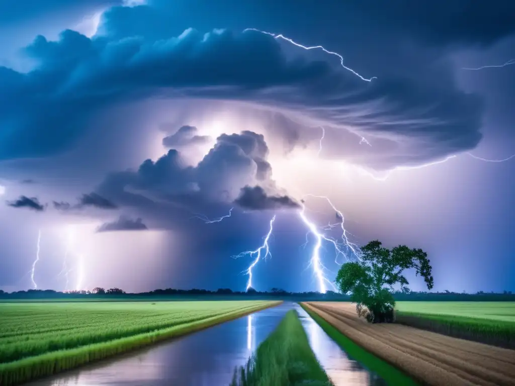 A hurricane wreaks havoc on a farmland, uprooting trees and flooding fields