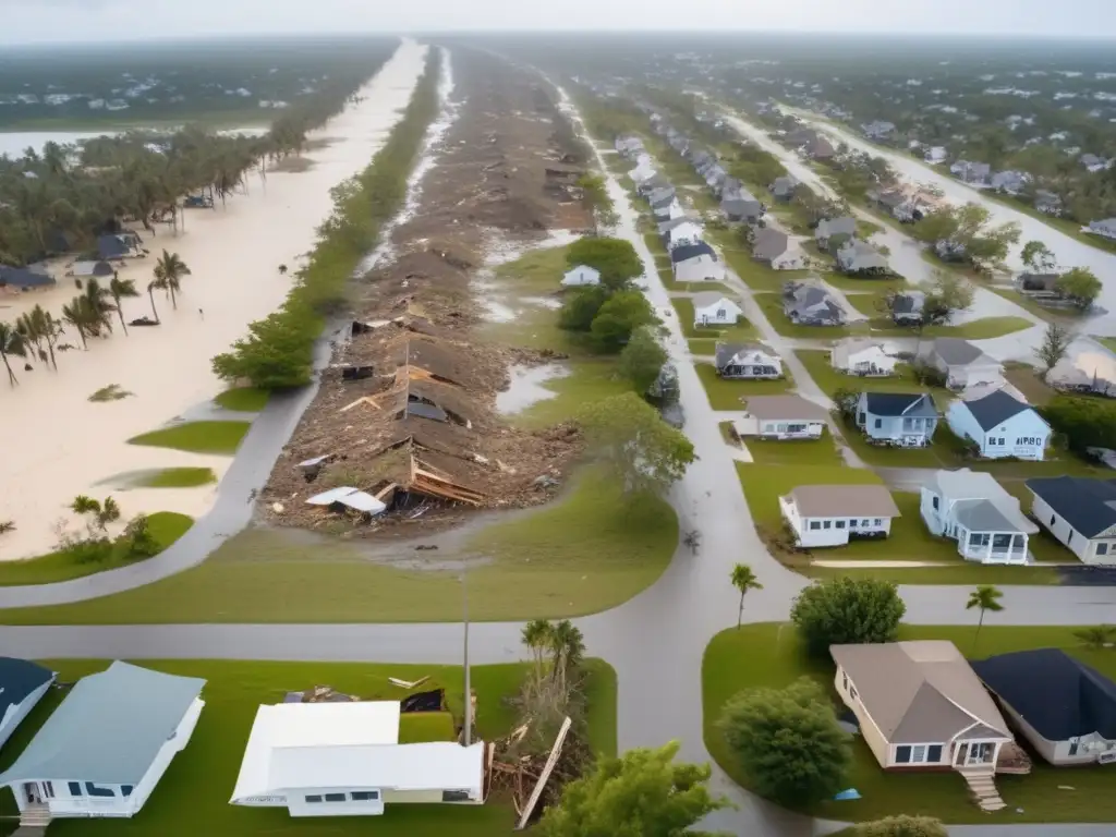 Look at this devastating scene of renewal: a hurricane has ravaged a coastal town, leaving debris and destruction in its wake