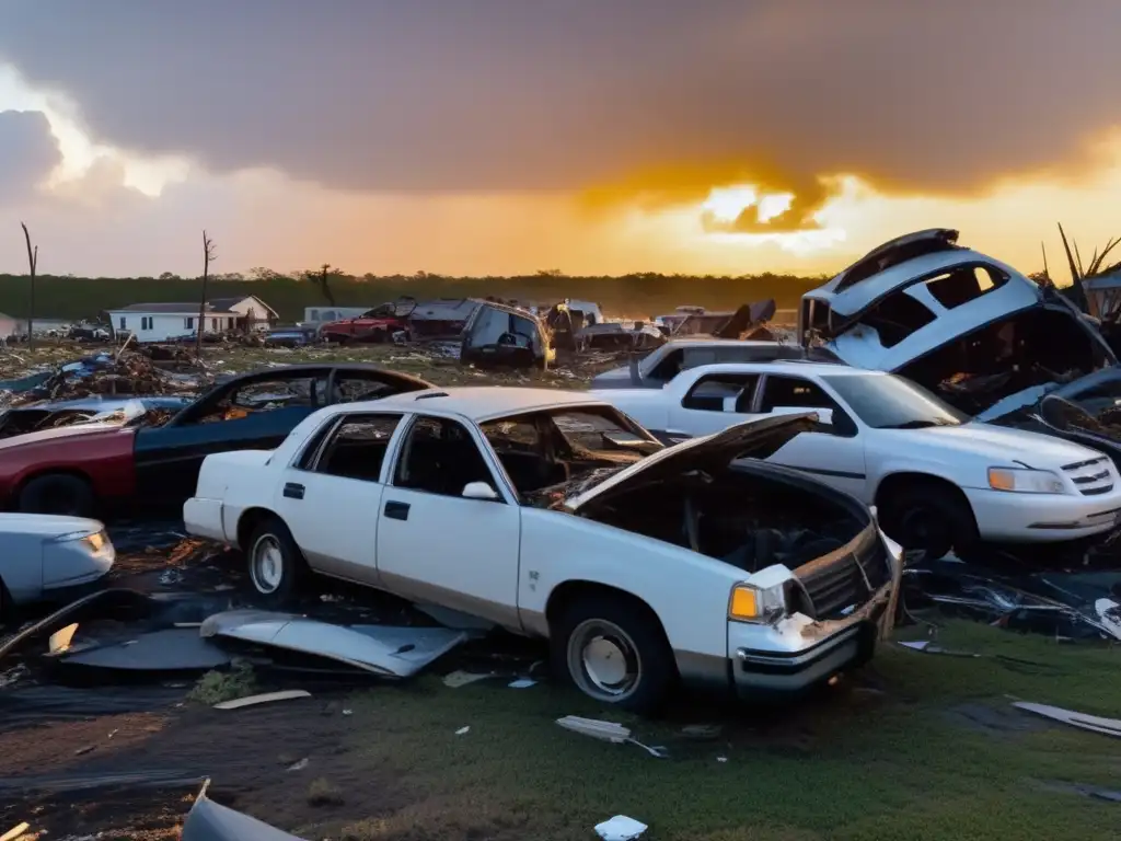 As the sun sets over the aftermath of the hurricane, a mangled cluster of cars and buildings stand still, a grim reminder of nature's destructive fury