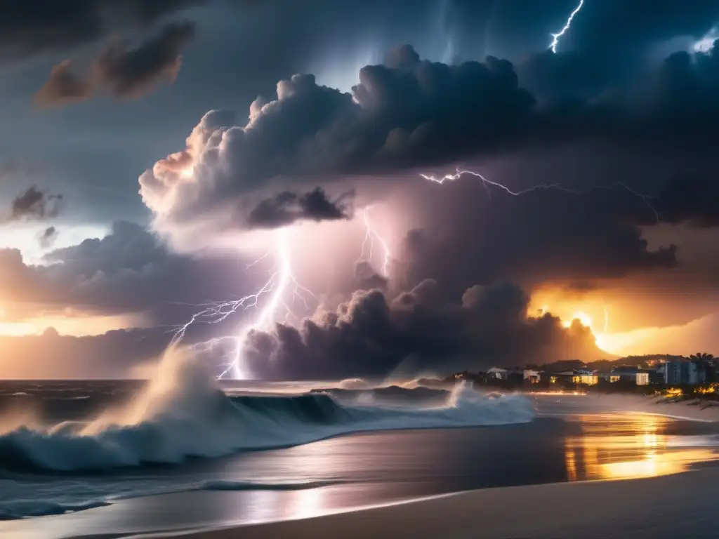 A vivid cinematic image of a hurricane wreaking havoc over the ocean, illuminated by lightning as the sun sets in the background