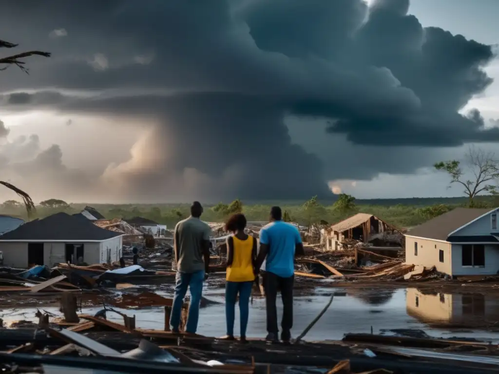 Devastated community in the aftermath of a hurricane, with remnants of destroyed homes and buildings scattered across the landscape