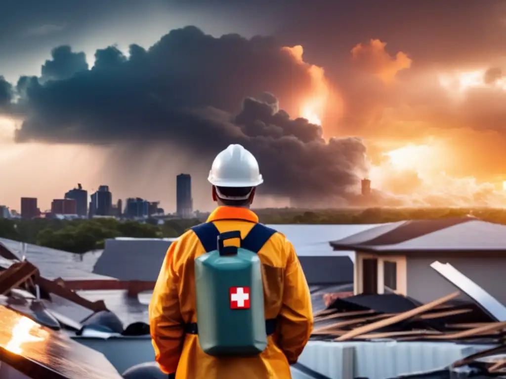 Amidst swirling debris, a brave individual stands on a rooftop during a terrifying hurricane, clinging to safety with a hard hat and first aid kit