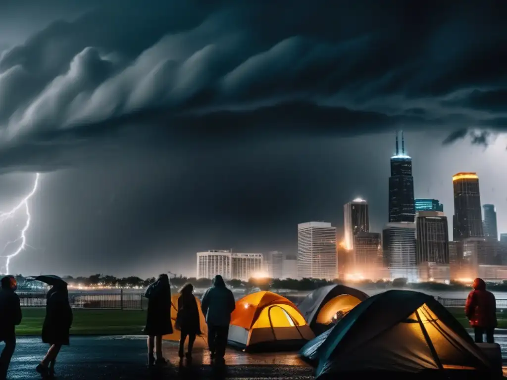 A city skyline under attack by a hurricane